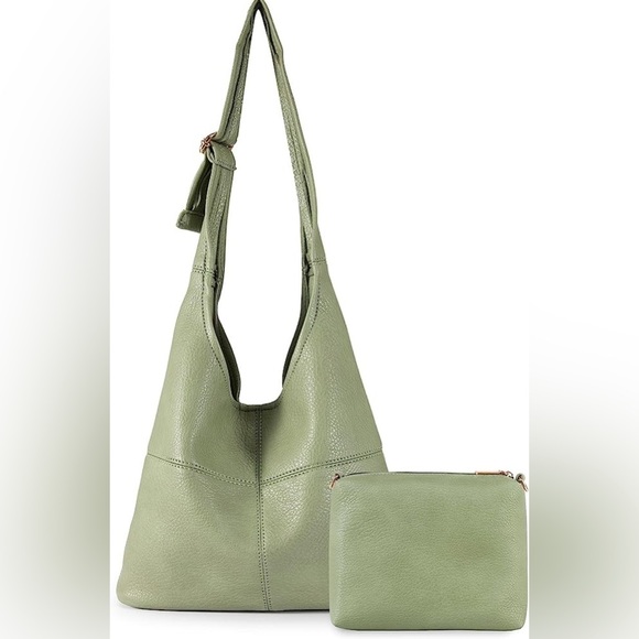 GREEN SUPER SOFT VEGAN LEATHER SHOULDER BAG AND COIN CLUTCH 2 PIECE SET - Picture 1 of 6